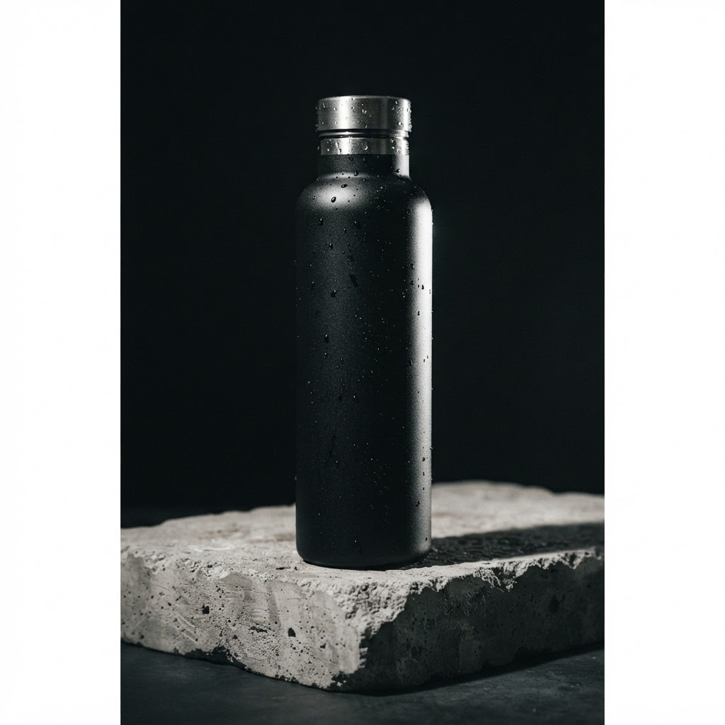 Matte black insulated stainless steel water bottle on a concrete plinth
