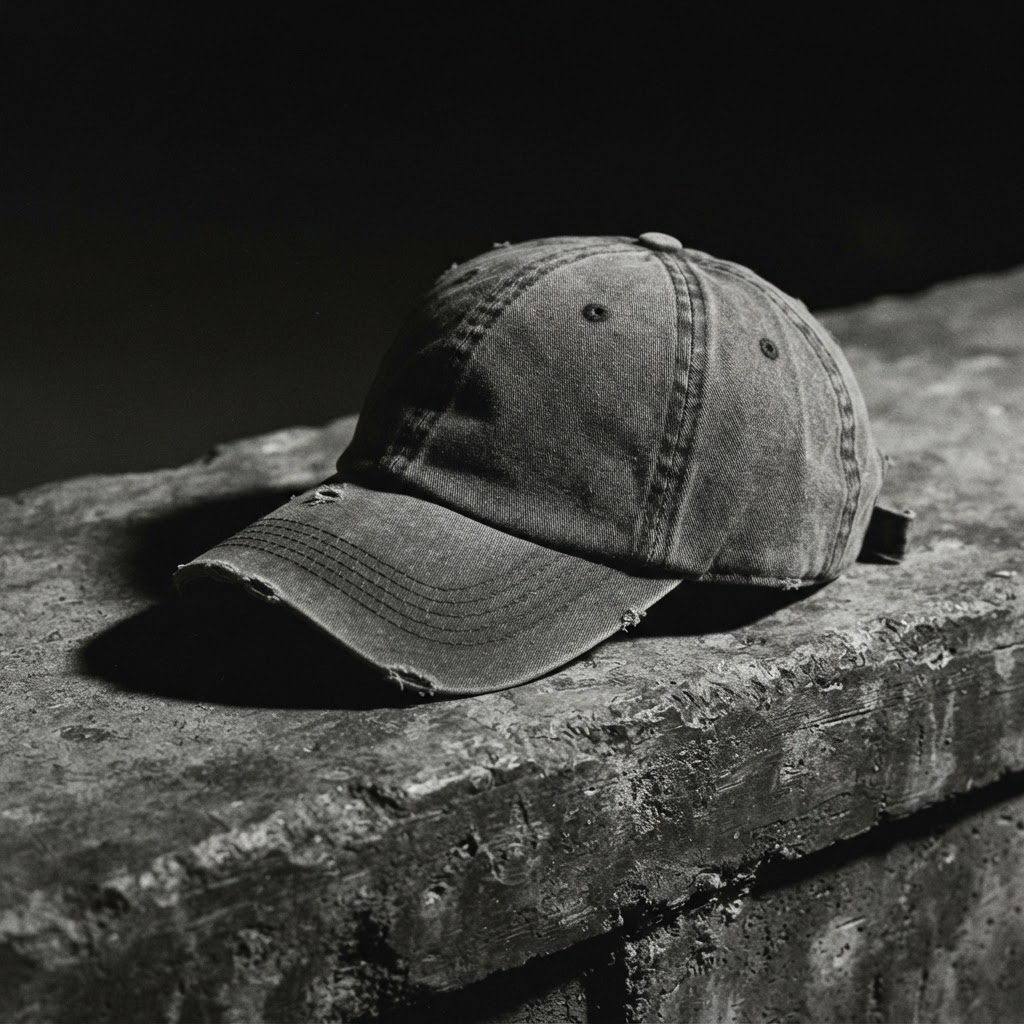 Vintage washed charcoal unstructured cotton cap on a concrete ledge
