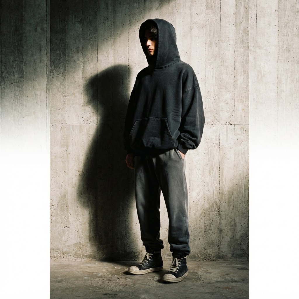 Model in an oversized washed-black hoodie against a concrete wall