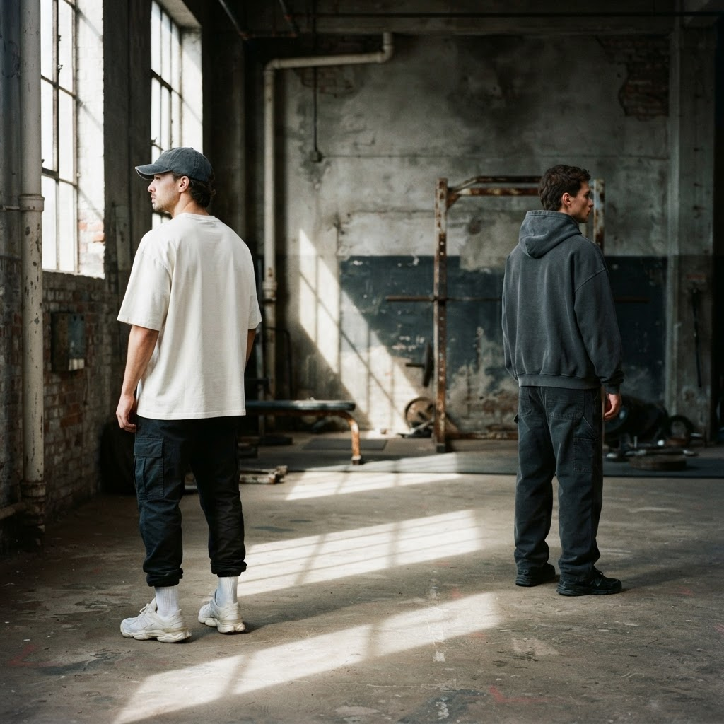 Two models in blank heavyweight cotton standing in an empty concrete gym