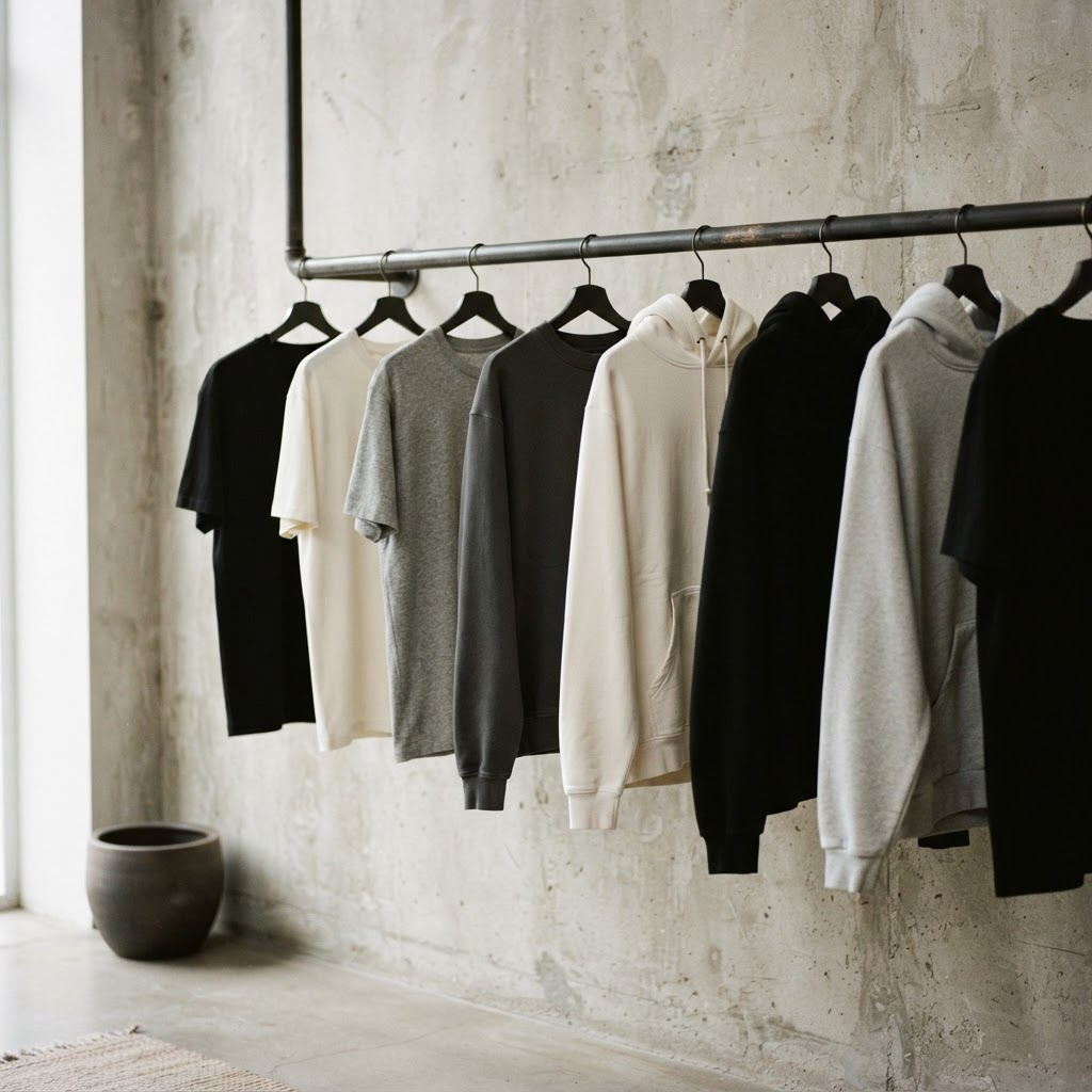 Minimal apparel hanging on a blackened steel rail against a concrete wall