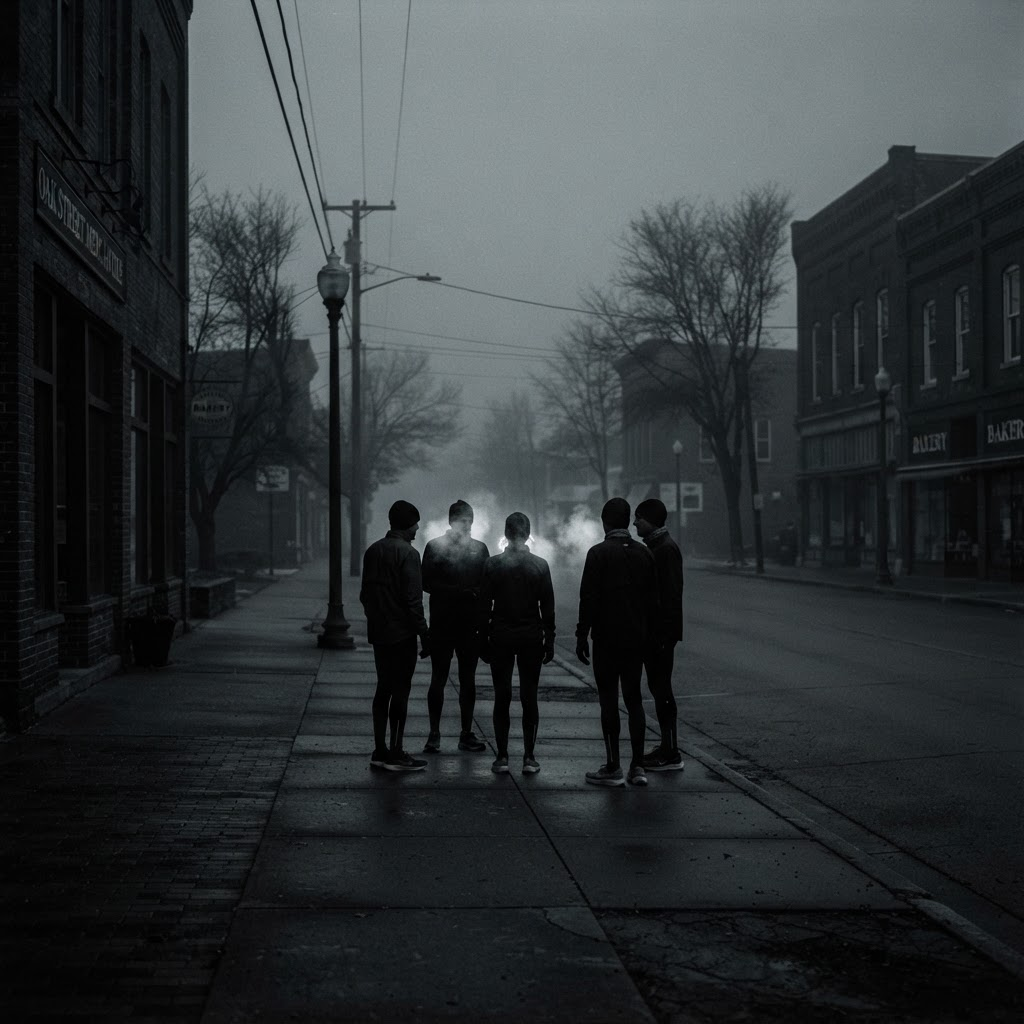 Runners gathered on an empty street at dawn before a group run