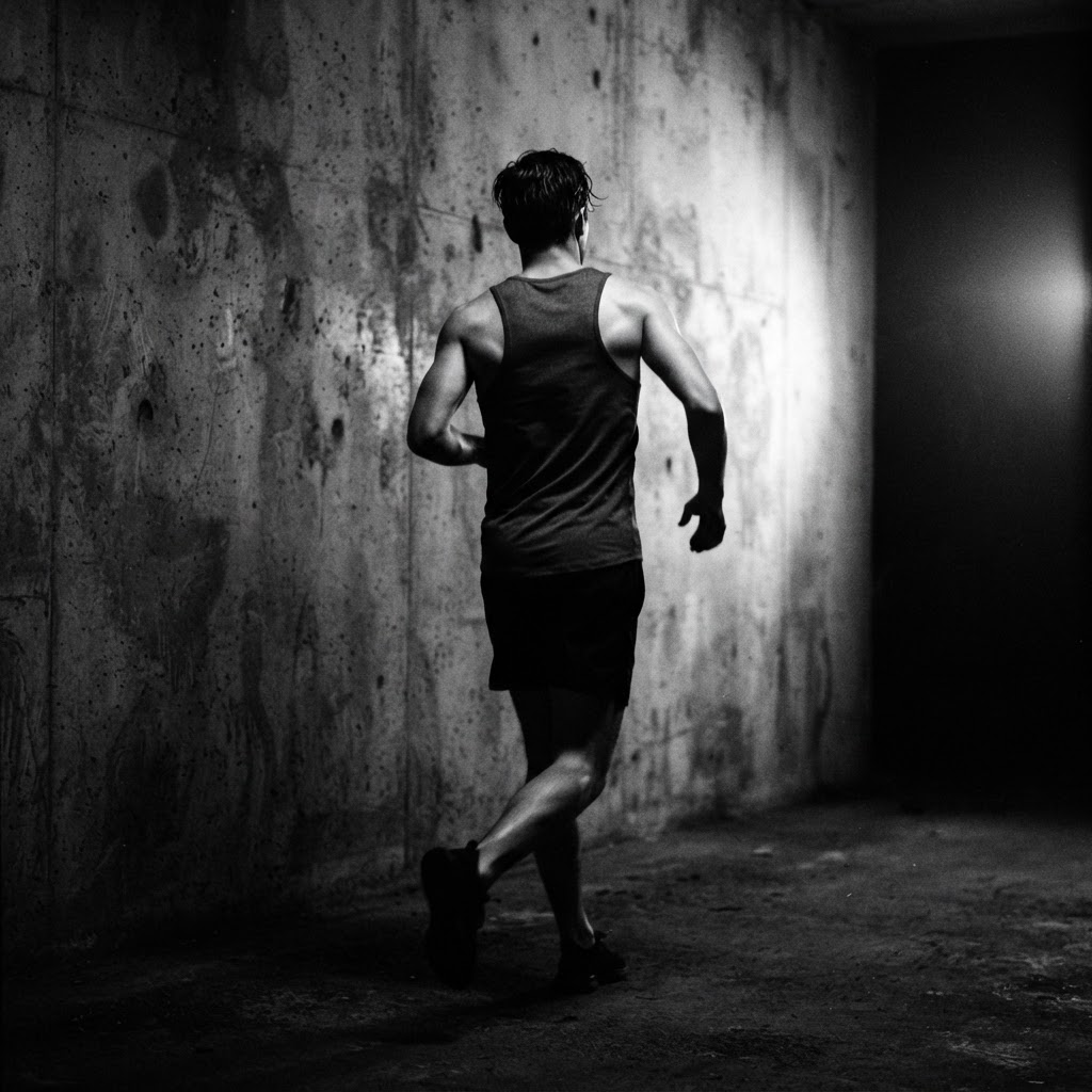 Athlete in low light mid-movement against a concrete wall