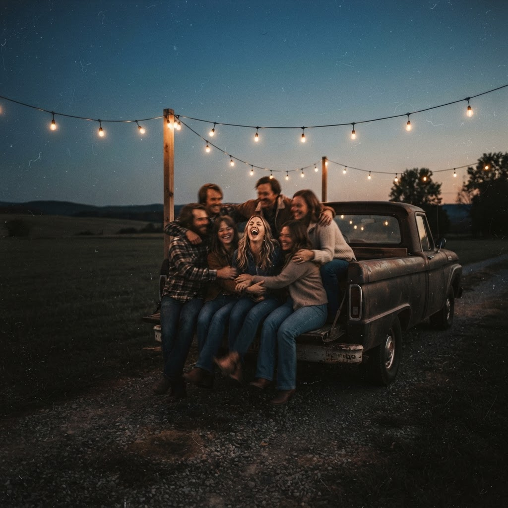 Members of The Fun Club crowded together laughing on the tailgate of a pickup truck at dusk