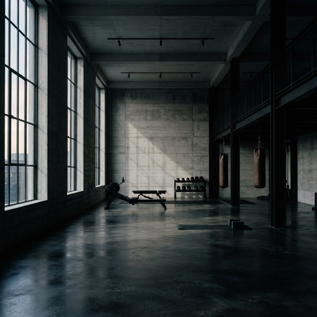 Concrete and steel training floor with tall industrial windows