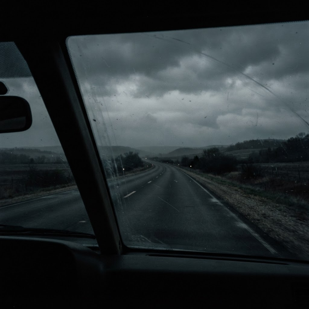 Empty rural Indiana highway at dusk under an overcast sky