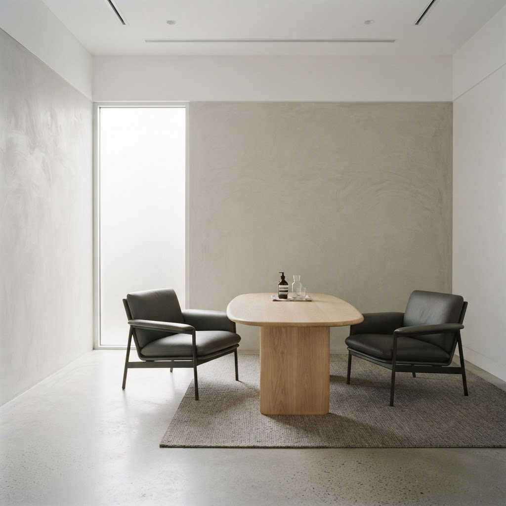 A calm minimal consultation room with pale oak table, low leather chairs and soft daylight