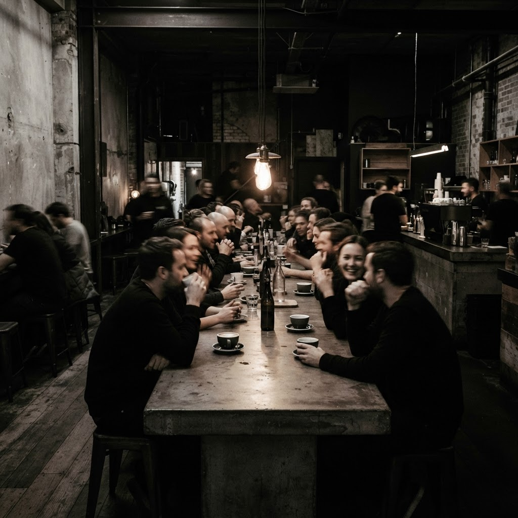 A warm gathering of people talking over coffee around a long concrete communal table