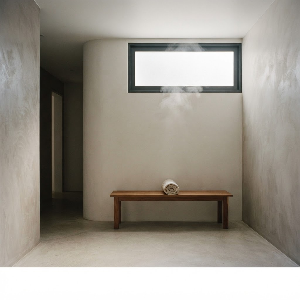 A quiet empty recovery room with a low teak bench, rolled linen towel and soft steam in the air