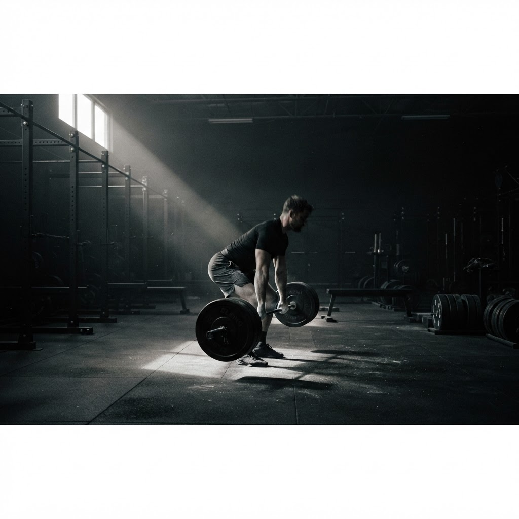 A lone athlete mid-set at a barbell on a dark gym floor, lit by a single hard shaft of light