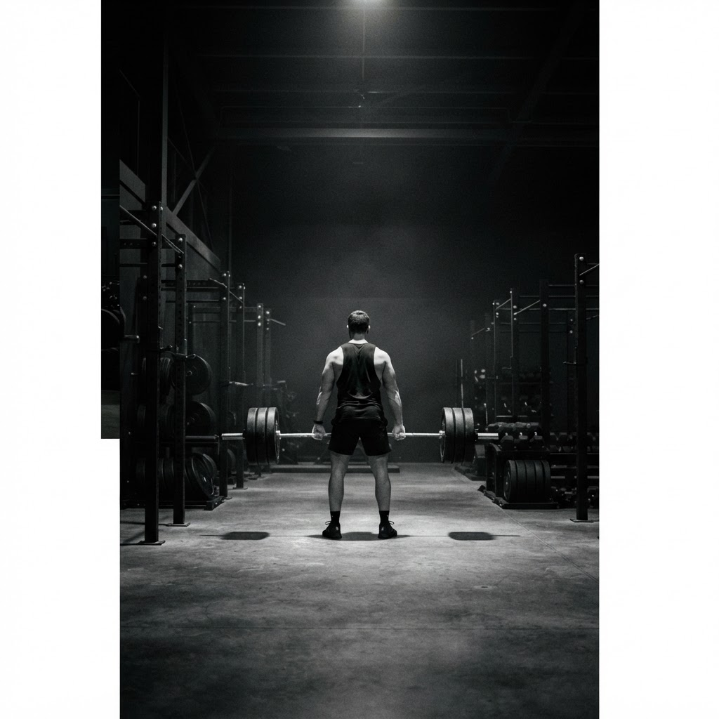 A lone figure training under a single overhead light on an empty gym floor at night