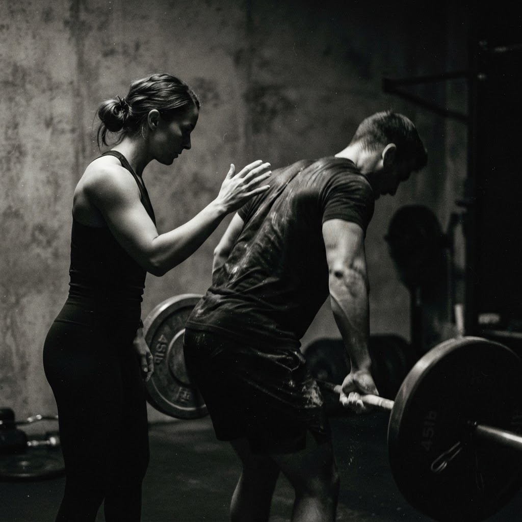 A coach correcting a single athlete mid-set at a barbell in low light