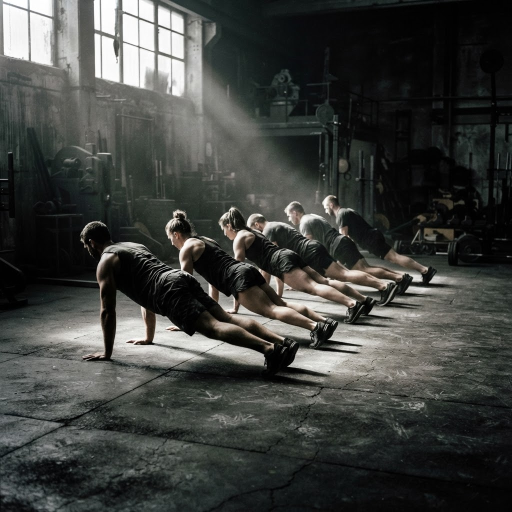 A row of people training in unison across a dark concrete gym floor